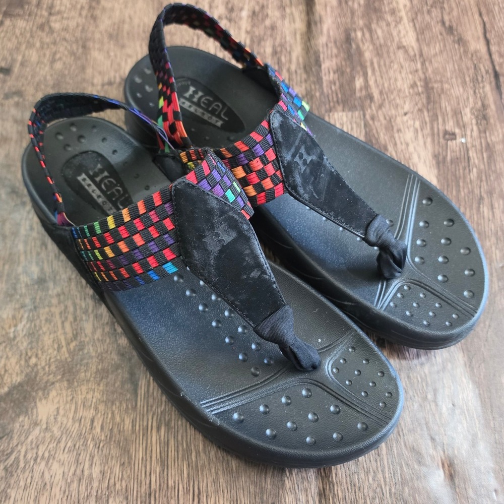 HEAL USA Platform Sandals Women 10 Black Rainbow Woven Elastic Slingback Thong
